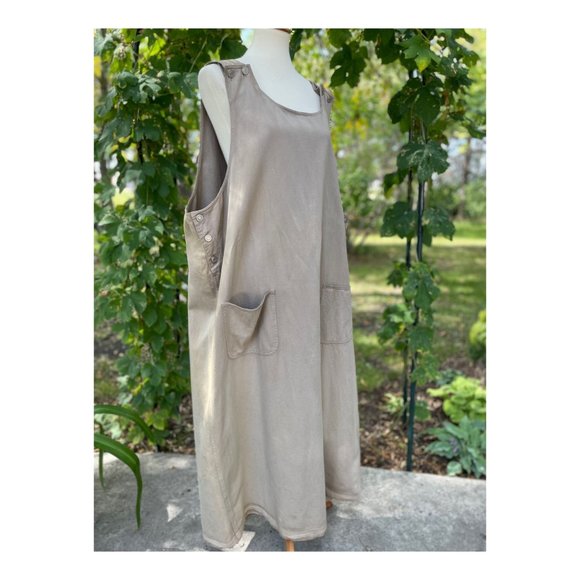 Vintage Dresses & Skirts - SOLD Vintage 90s Denim Jumper Dress Maxi Tan Volup Pockets Shift Sz 3X